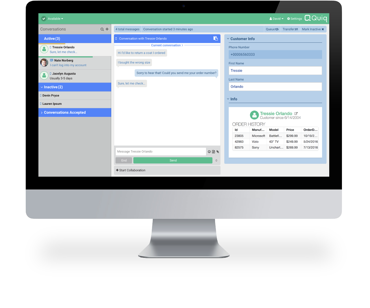 Quiq customer messaging agent workspace displayed on computer desktop