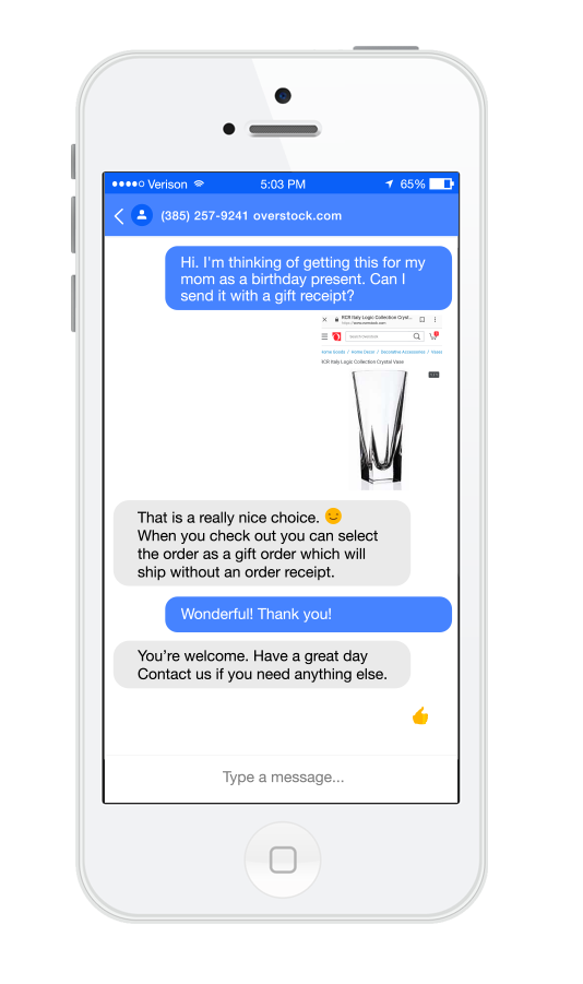 Quiq-BusinessMessaging-PhoneConversation Mobile phone displays Quiq business messaging conversation