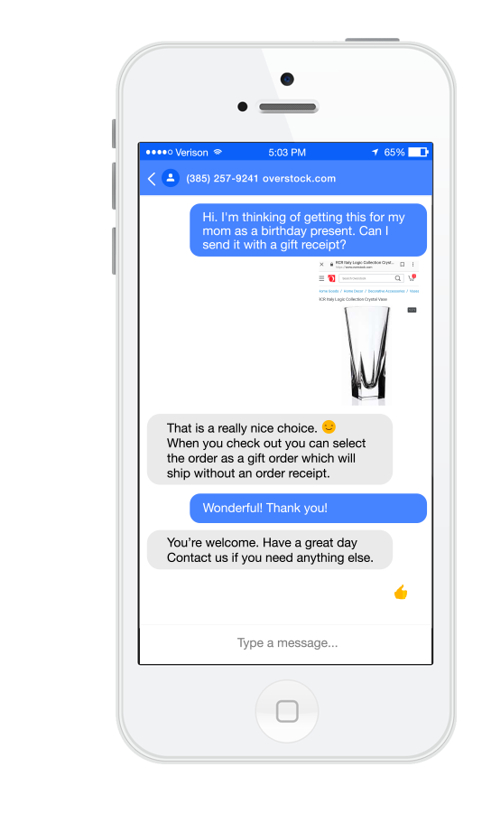 Quiq-BusinessMessaging-PhoneConversation2 Mobile phone displays Quiq business messaging conversation