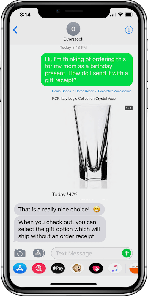Mobile phone displays Quiq business messaging conversation