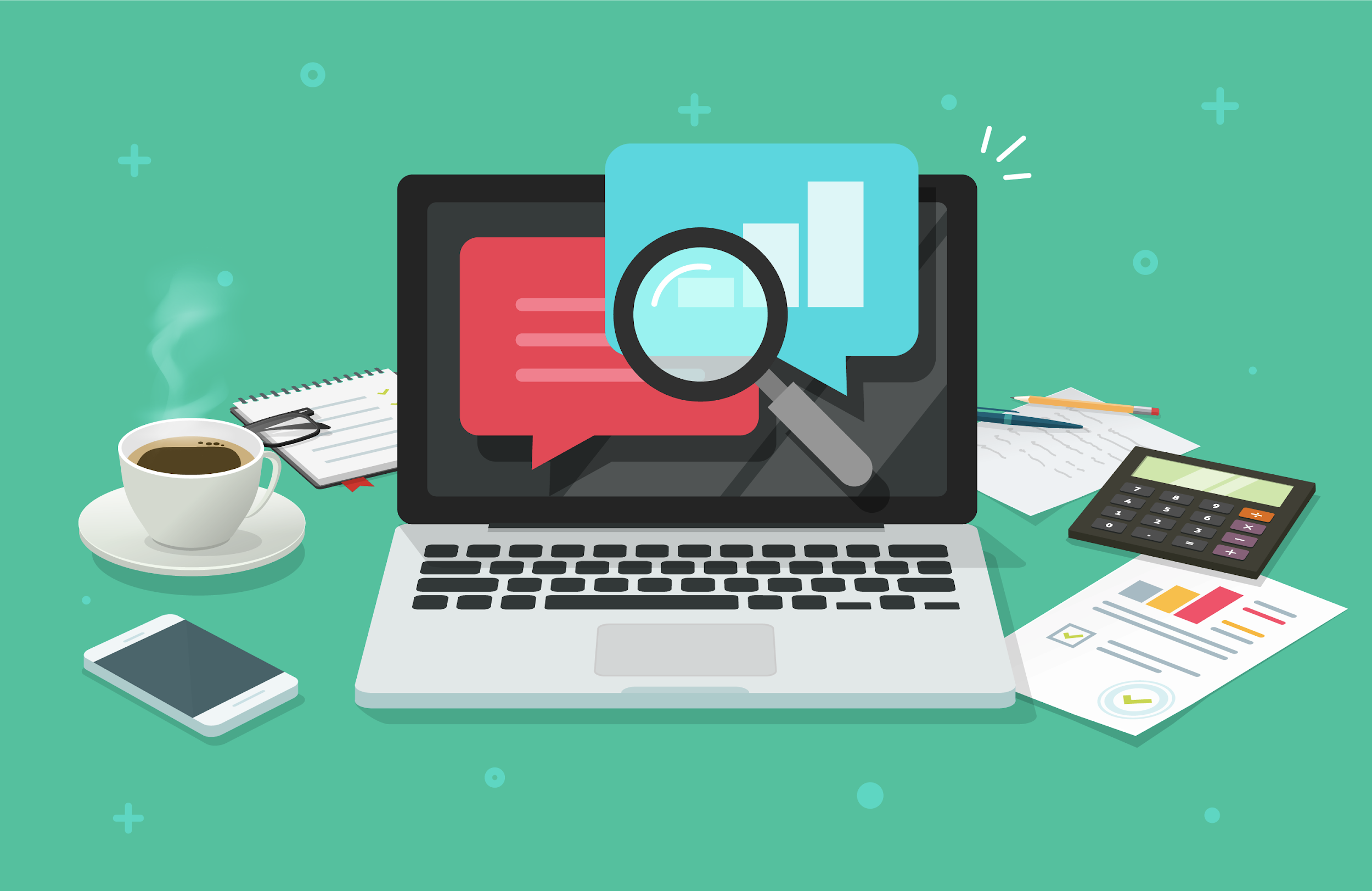 Is live web chat effective Vector image of a workspace with a laptop, phone, cup of coffee, notes, and calculator