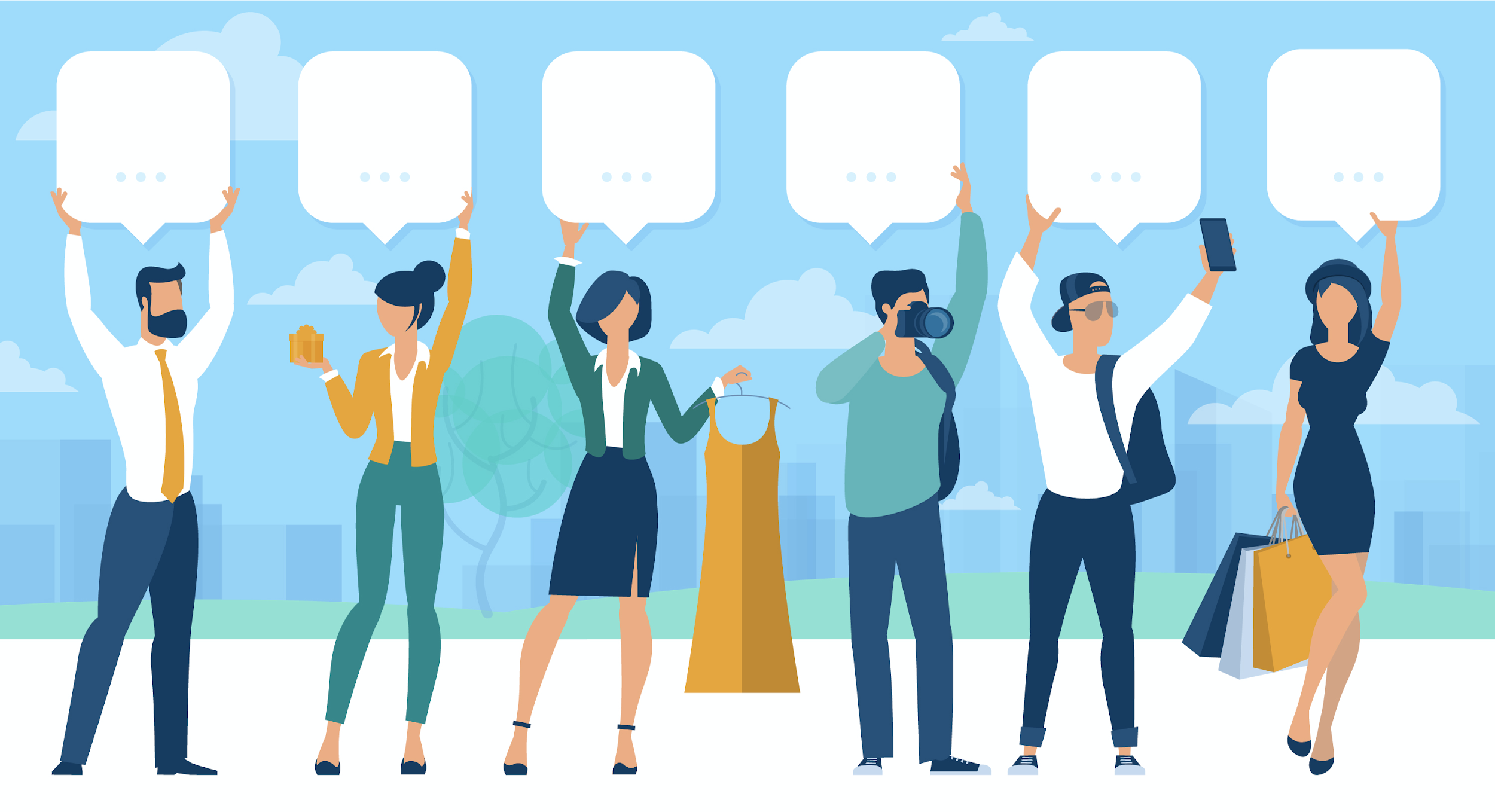 top 6 digital customer service messaging channels in 2020 Vector image of various business people and citizens with speech bubbles above them