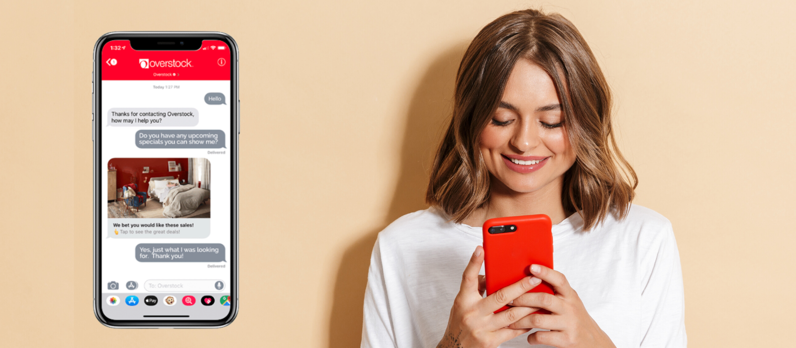 Woman using her phone to text customer service Woman using her phone to communicate with customer service through text messages