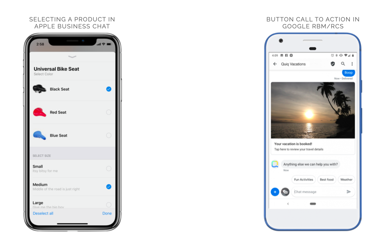 Two phones ABC and Google RBM Apple Business Chat and Google Rich Business messaging on two phones
