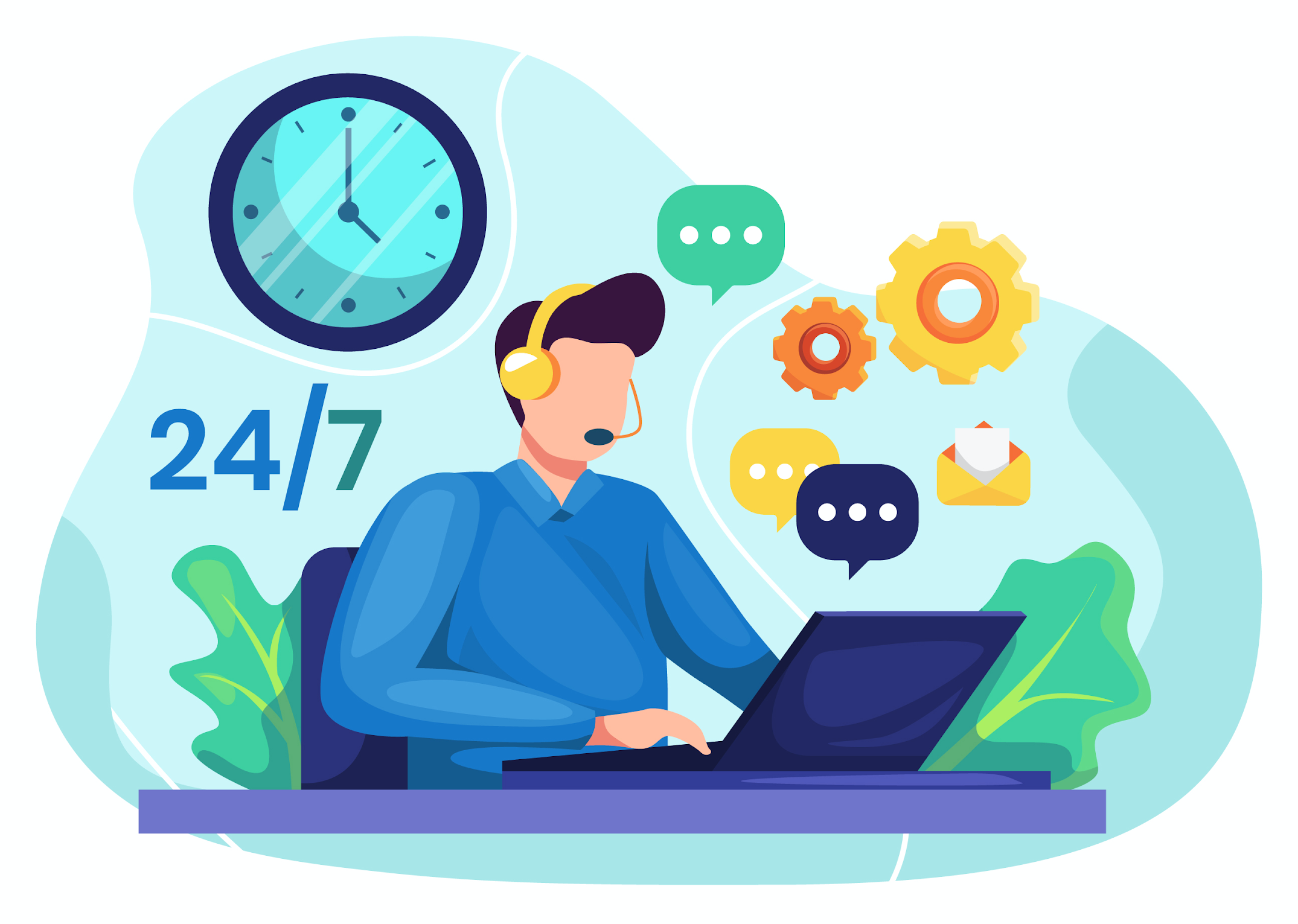 how call centers are becoming text centers Vector graphic of 24/7 customer service representative answering messages from his laptop